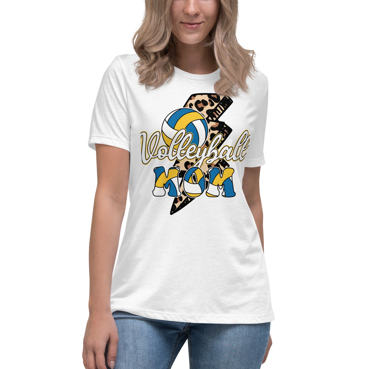 "Volleyball Mom" Blue/White/Yellow Live Personalization T-Shirt