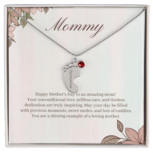 Mommy - Engraved Baby Feet Necklace with Birthstone