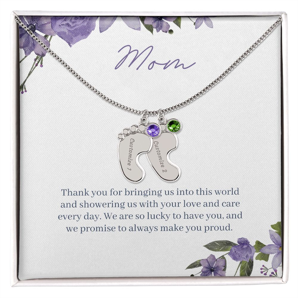 New Mom - Custom Baby Feet Necklace with Birthstone
