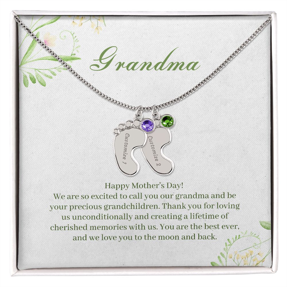 Grandma - Engraved Baby Feet Necklace with Birthstone