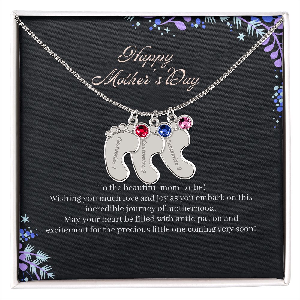 Mom To Be - Engraved Baby Feet Necklace with Birthstone