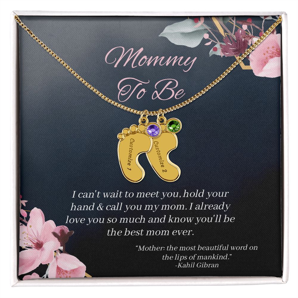 Mommy To Be - Engraved Baby Feet Necklace with Birthstone