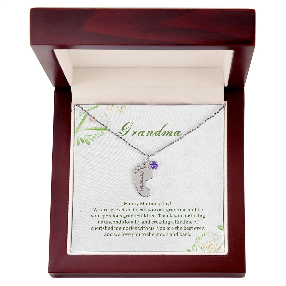 Grandma - Engraved Baby Feet Necklace with Birthstone