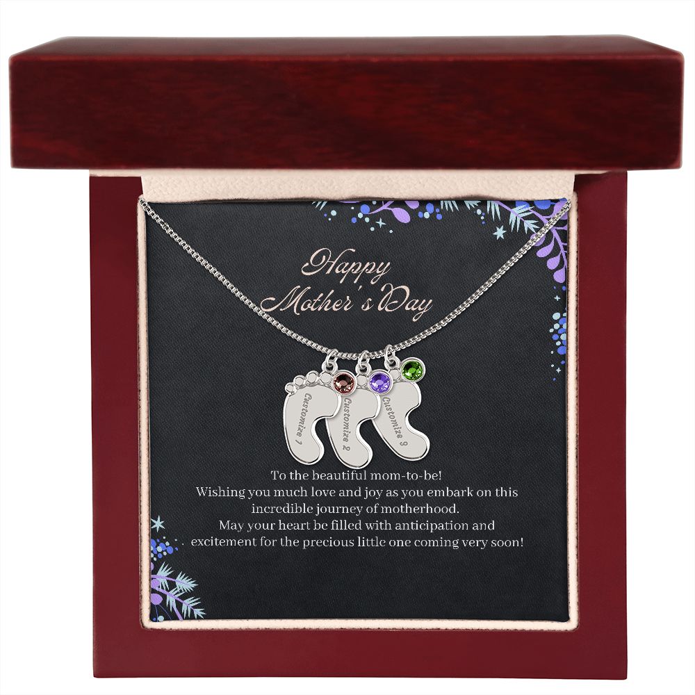 Mom To Be - Engraved Baby Feet Necklace with Birthstone