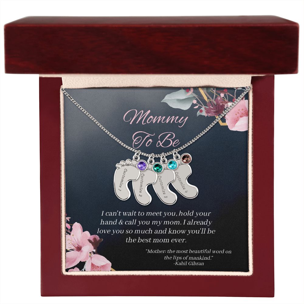 Mommy To Be - Engraved Baby Feet Necklace with Birthstone